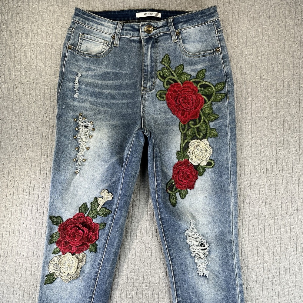 Masseys Embroidery floral flower Skinny Slim Fit Women's (6) blue jeans‎ pants